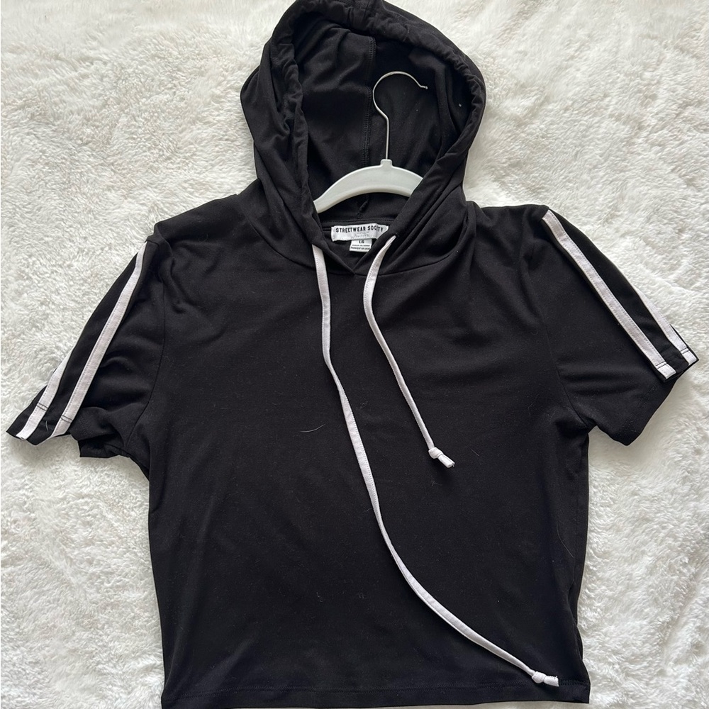 Black Short Sleeve Hoodie with White Stripes